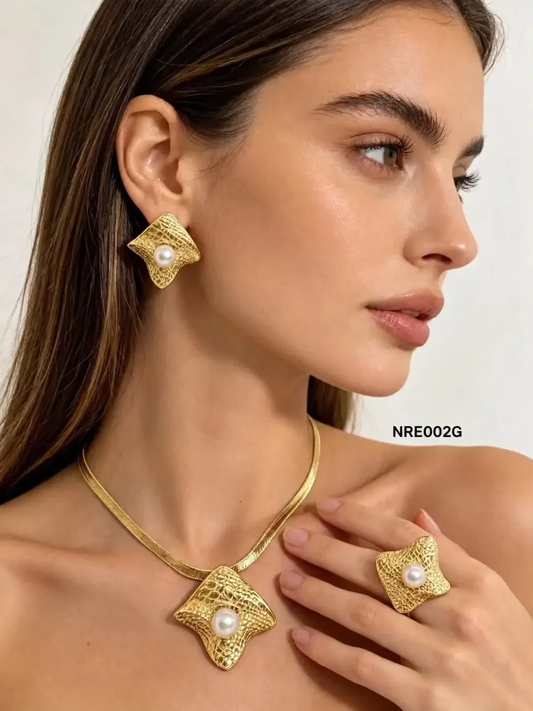 STAINLESS STEEL SET NECKLACE-RING-EARRING NRE002 GOLD