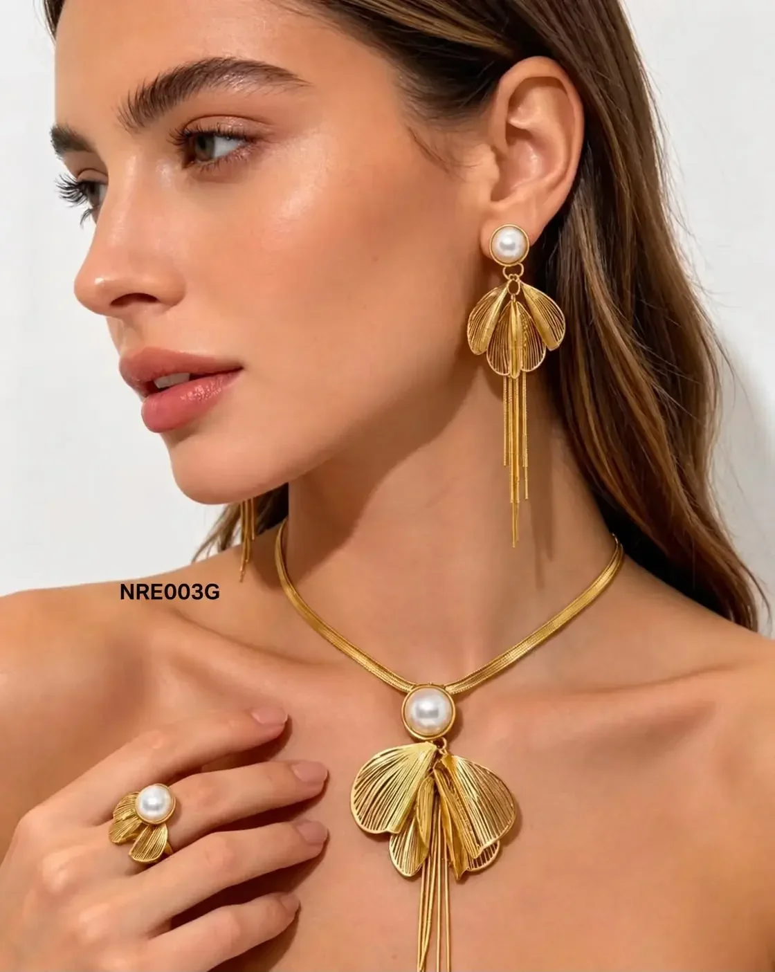 STAINLESS STEEL SET NECKLACE-RING-EARRING NRE003 GOLD