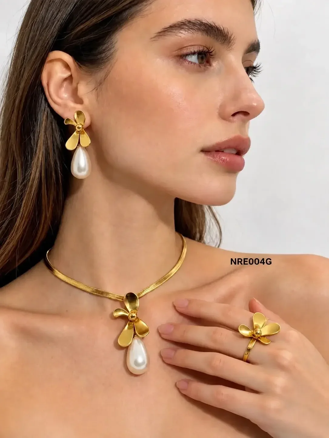 STAINLESS STEEL SET NECKLACE-RING-EARRING NRE004 GOLD