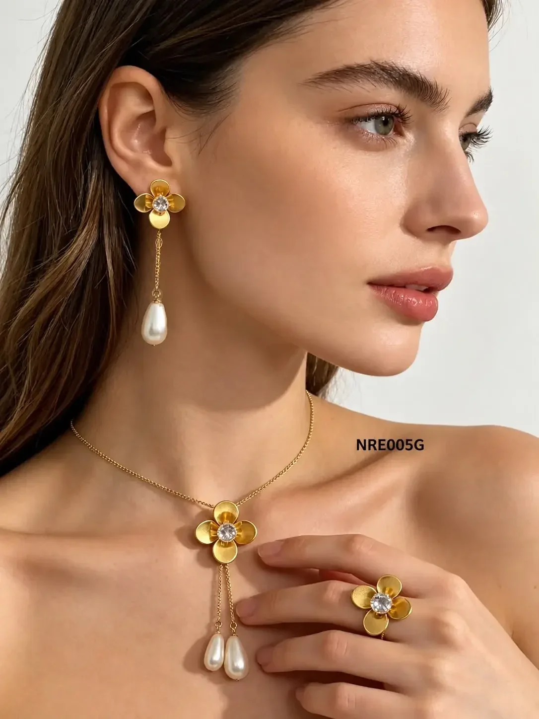 STAINLESS STEEL SET NECKLACE-RING-EARRING NRE005 GOLD