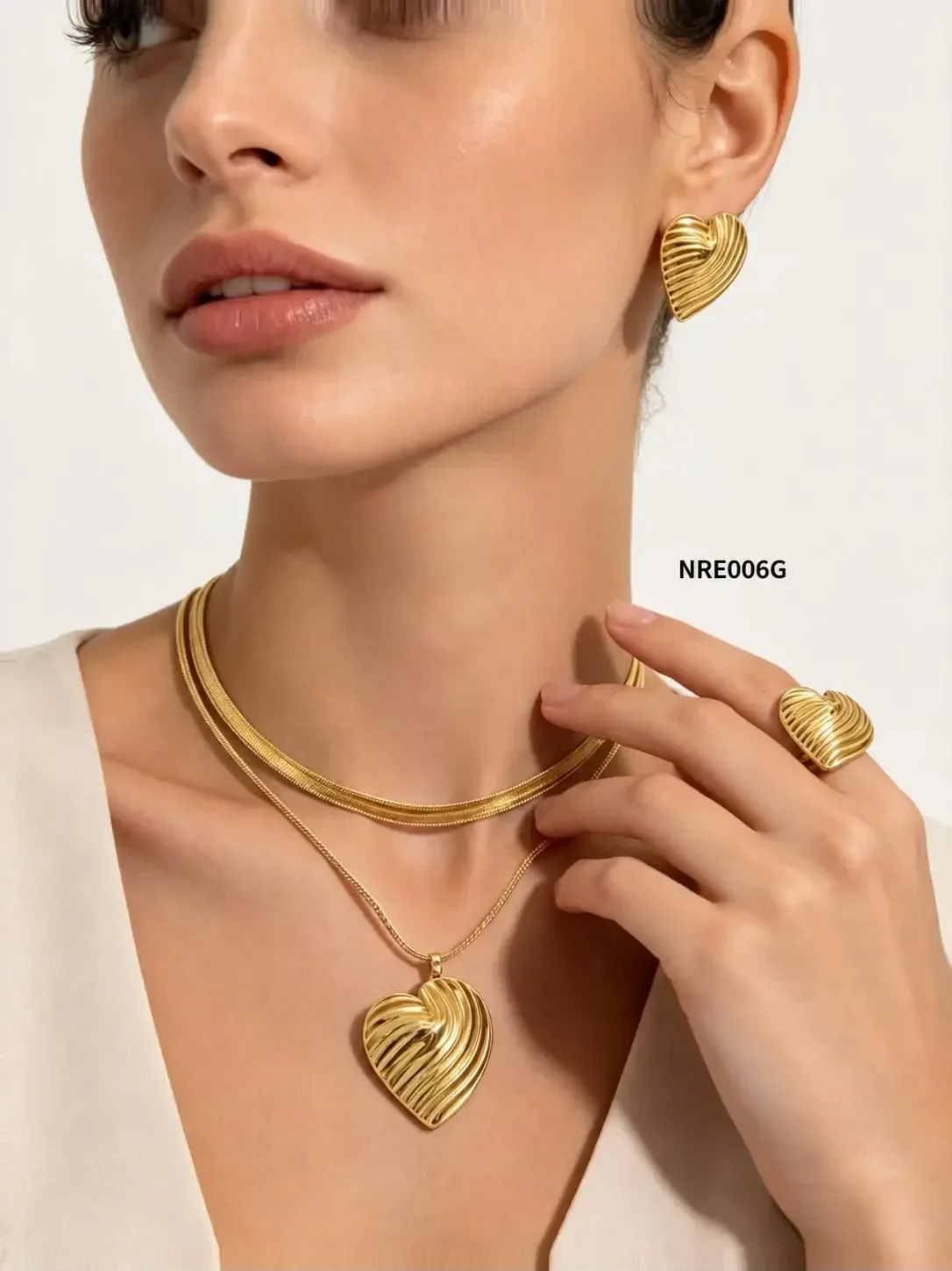 STAINLESS STEEL SET NECKLACE-RING-EARRING NRE006 GOLD