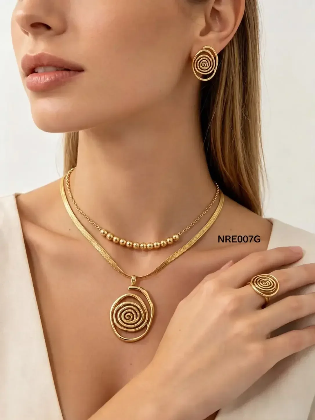 STAINLESS STEEL SET NECKLACE-RING-EARRING NRE007 GOLD