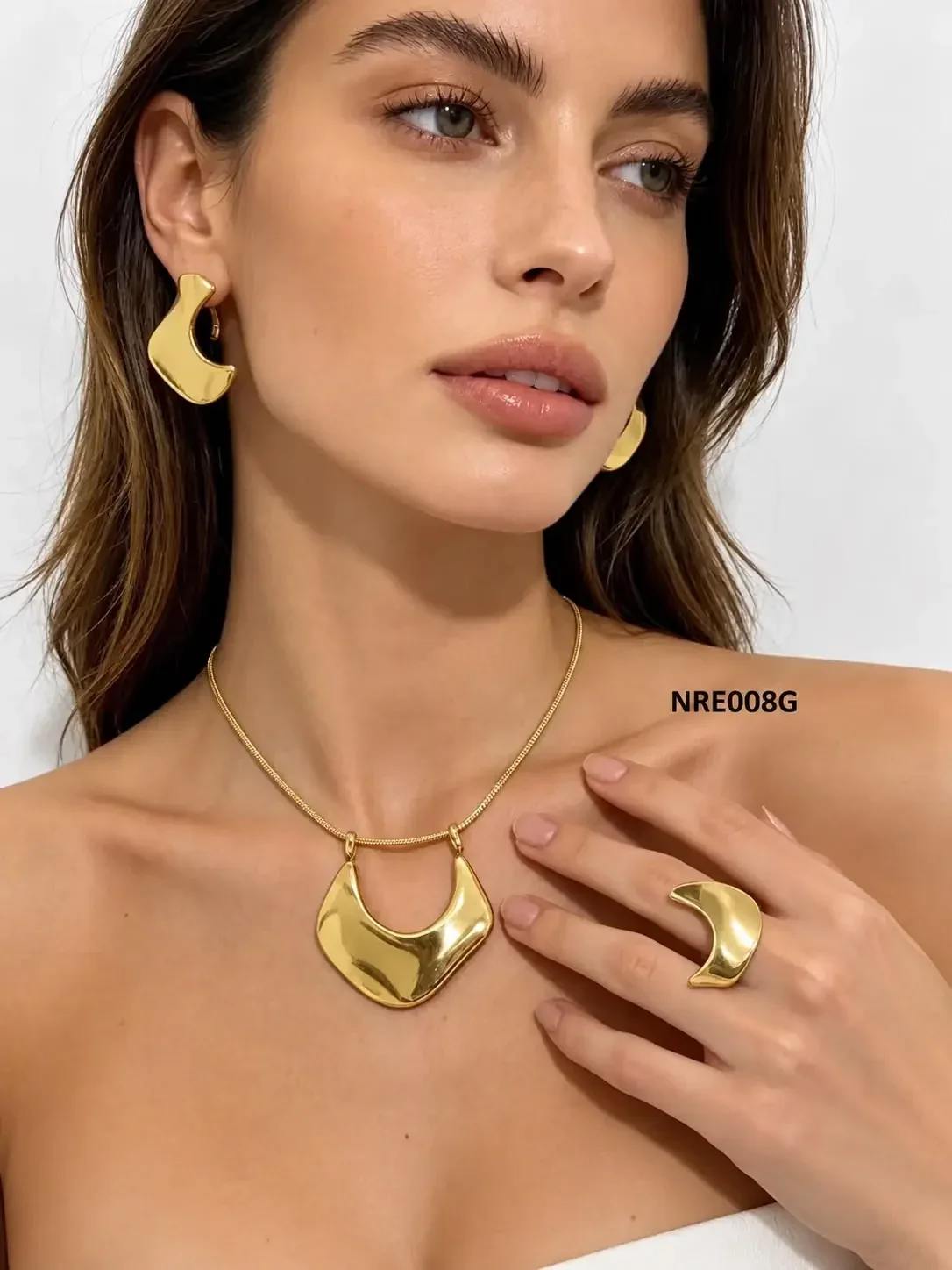 STAINLESS STEEL SET NECKLACE-RING-EARRING NRE008 GOLD