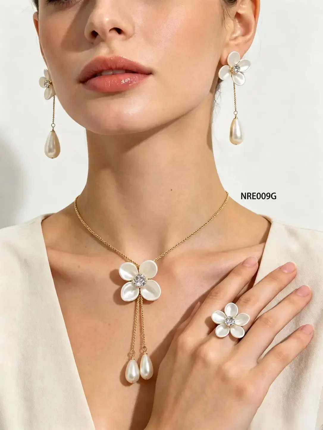 STAINLESS STEEL SET NECKLACE-RING-EARRING NRE009 GOLD