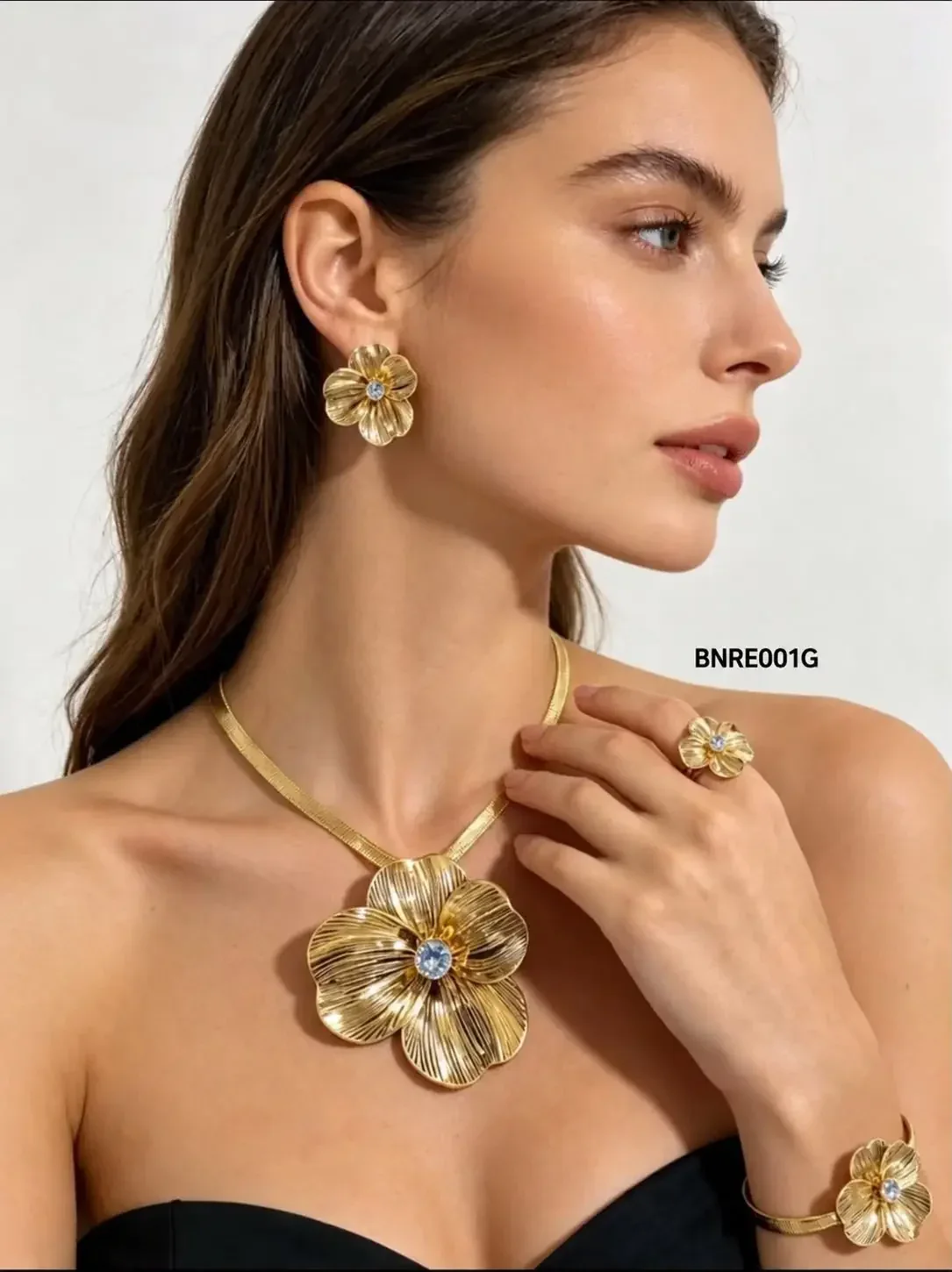STAINLESS STEEL SET NECKLACE-RING-EARRING BRACELET BNRE001 GOLD
