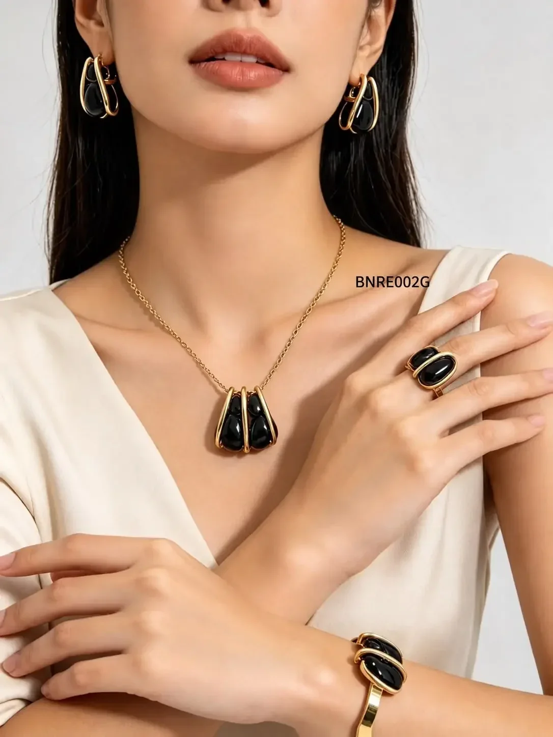 STAINLESS STEEL SET NECKLACE-RING-EARRING BRACELET BNRE002 GOLD