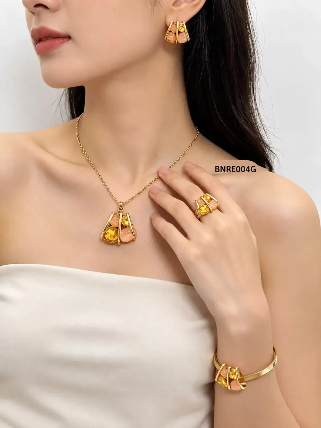 STAINLESS STEEL SET NECKLACE-RING-EARRING BRACELET BNRE004 GOLD
