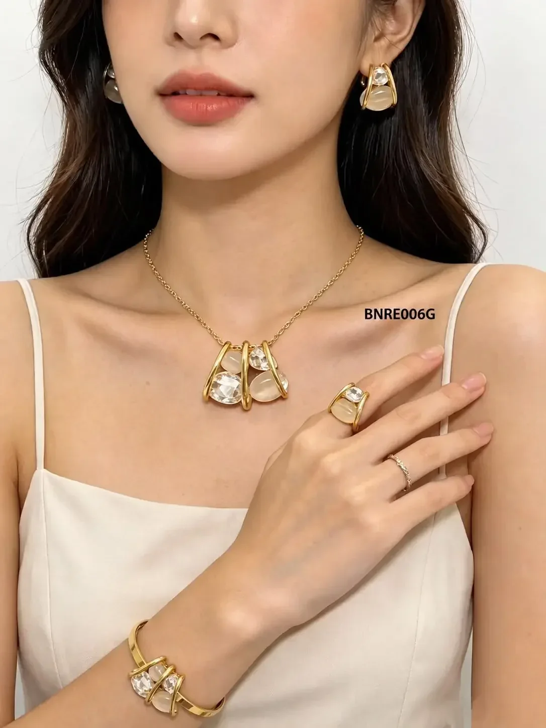 STAINLESS STEEL SET NECKLACE-RING-EARRING BRACELET BNRE006 GOLD