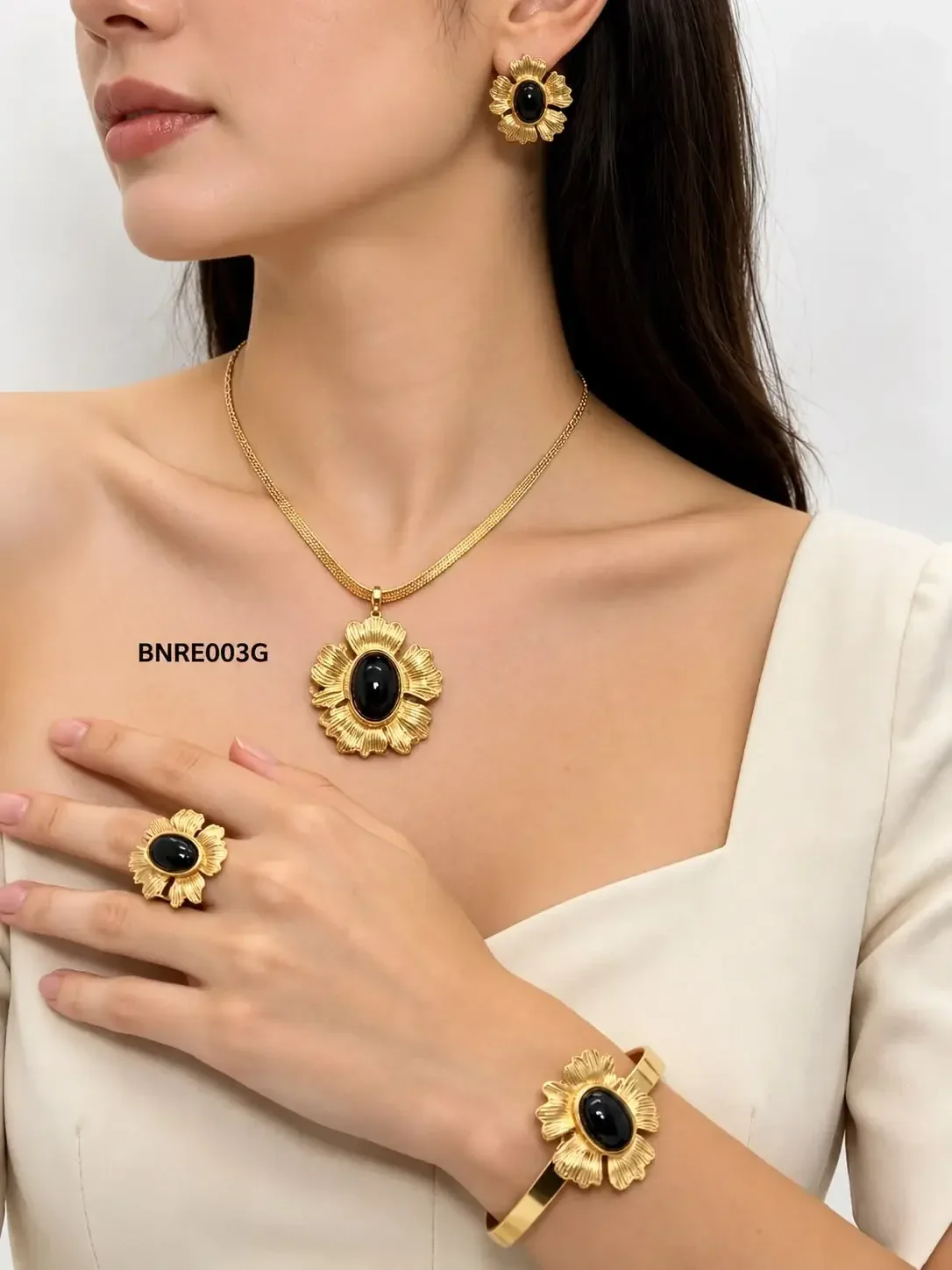 STAINLESS STEEL SET NECKLACE-RING-EARRING BRACELET BNRE003 GOLD